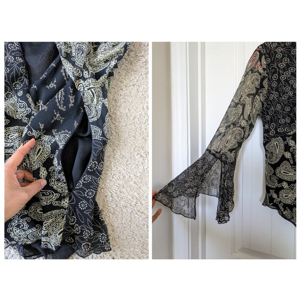 Y2K Spenser Jeremy Babydoll Flare Sleeve Top M Silk Black Beige Paisley Vampire - Picture 8 of 10